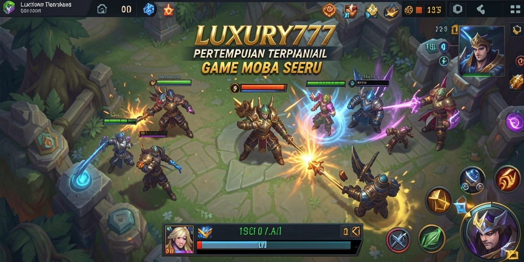 Tangkapan layar utama LUXURY777 menampilkan aksi pertempuran mendebarkan di arena MOBA.