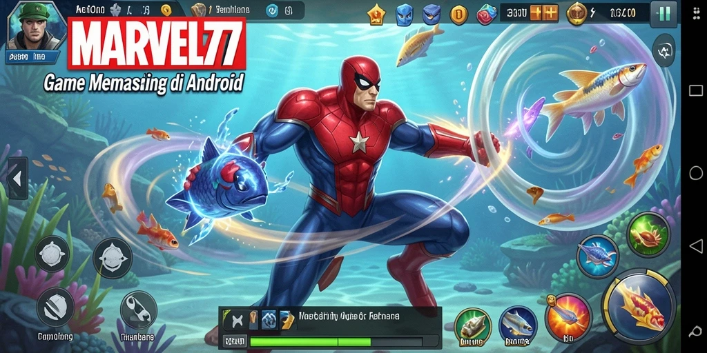 Screenshot MARVEL77 menampilkan aksi seru memancing di laut.