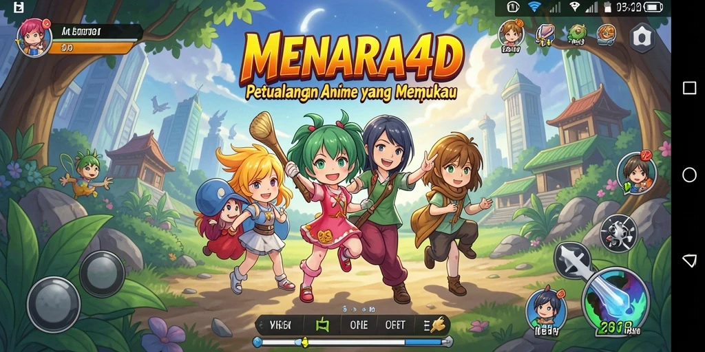 Tangkapan layar gameplay MENARA4D menampilkan aksi seru karakter anime.
