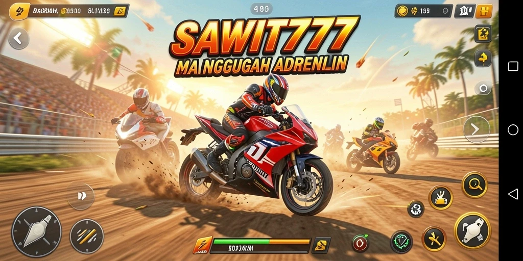Tampilan gameplay seru dalam SAWIT777 dengan aksi balapan motor yang mendebarkan.