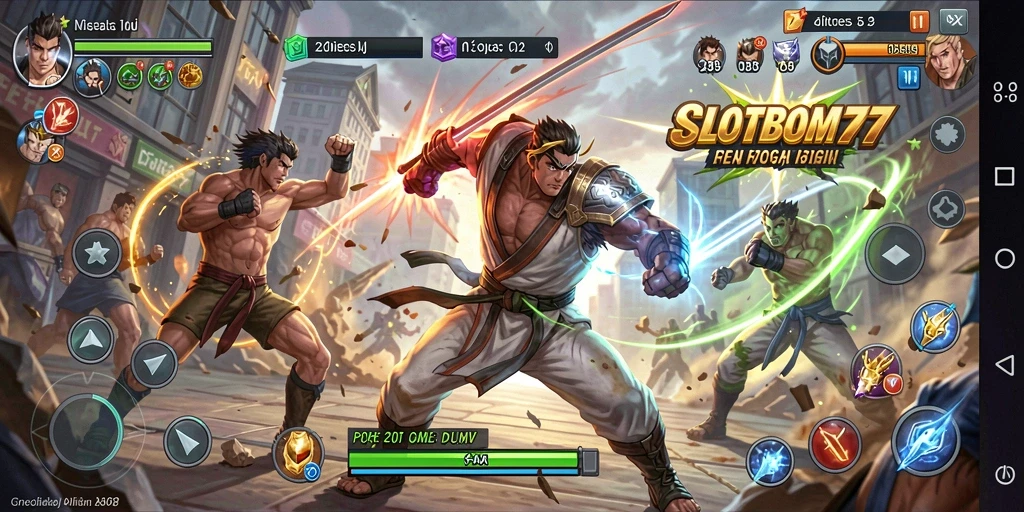 Screenshot SLOTBOM77 menampilkan aksi pertarungan yang intens dan dramatis.