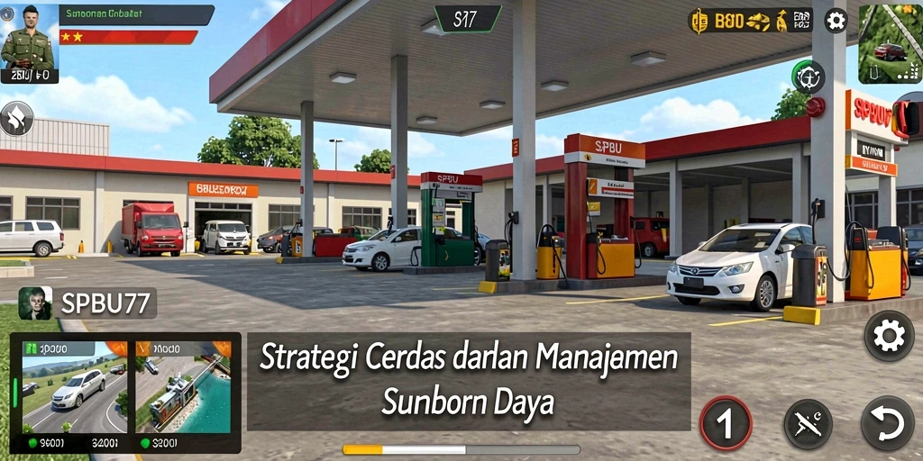 Tampilan gameplay SPBU77 yang dinamis dengan strategi pengelolaan stasiun.