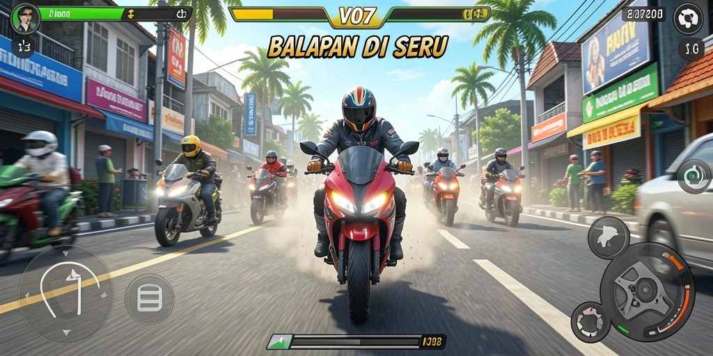 Tampilan gameplay V07 dengan motor balap di lintasan menantang.